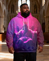 Big & Tall Men's Pink Purple Gradient Crown Jesus Sitting Like Printed Hoodie