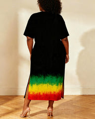 Large Size Women I Love Jah Crown Text Gradient Side Slit Short Sleeve Long Dress