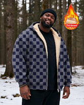 Big & Tall Men's Navy Gray Plaid Printed Velvet Padded Zipper Hoodie