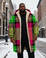 Big & Tall Men's Green Pink Plaid Printed Velvet Thickened Long Hooded Coat