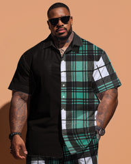 Big Guys Simple Plaid Pattern Stitching Short Sleeve Shirt Shorts Set