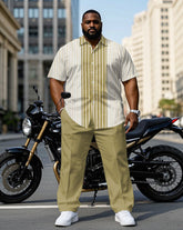 Men's Plus Size Fashion Apricot Striped & Yellow Striped Patchwork Short Sleeve Shirt Pants Suit