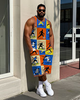 Men's Big & Tall Football Athlete Silhouette Plaid Printed Basketball Vest and Shorts Set