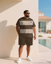 Men's Plus Size Brown & Khaki Chest Small Label Short Sleeve T-Shirt Shorts Suit
