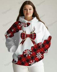 Women's Big and Tall Christmas Plaid Bow Print Long-sleeved Hoodie