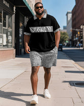 Big & Tall Men's Business Black Patchwork Printed Short Sleeve Polo Shirt Shorts Suit
