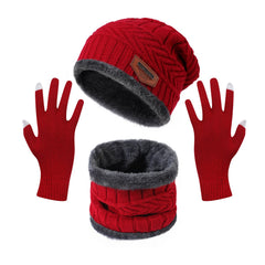 Winter Warm Thick Hat Scarf Solid Color Touch Screen Gloves Three-piece Set