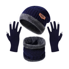 Winter Warm Thick Hat Scarf Solid Color Touch Screen Gloves Three-piece Set