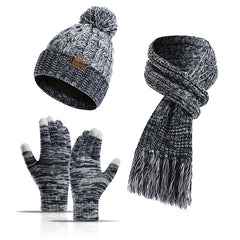 Knitted Mixed Color Hat Thickened Scarf Touch Screen Gloves Three-piece Set