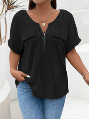 Women's Large Solid Color Striped V-neck Zipper Short Sleeve Fake Pocket T-shirt XL-5XL