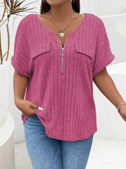 Women's Large Solid Color Striped V-neck Zipper Short Sleeve Fake Pocket T-shirt XL-5XL
