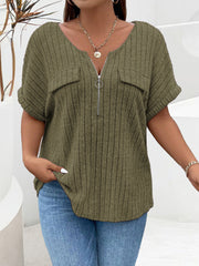 Women's Large Solid Color Striped V-neck Zipper Short Sleeve Fake Pocket T-shirt XL-5XL