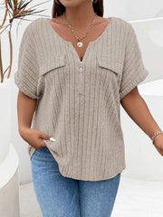 Women's Large Solid Color Striped V-neck Zipper Short Sleeve Fake Pocket T-shirt XL-5XL