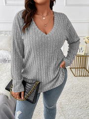 Women's Large Solid Color Striped V-neck Long Sleeve T-shirt XL-5XL