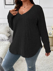 Women's Large Solid Color Striped V-neck Long Sleeve T-shirt XL-5XL