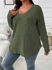 Women's Large Solid Color Striped V-neck Long Sleeve T-shirt XL-5XL
