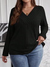Women's Large Solid Color Cross-striped V-neck Long Sleeve T-shirt XL-5XL