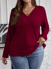 Women's Large Solid Color Cross-striped V-neck Long Sleeve T-shirt XL-5XL