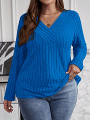 Women's Large Solid Color Cross-striped V-neck Long Sleeve T-shirt XL-5XL