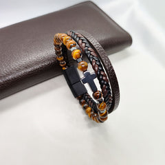 Cross Multi-Layer Black Gallstone Woven Tiger's Eye Grinding Stone Bracelet