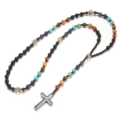 Round Beaded Colorful Natural Stone Cross Necklace