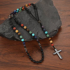 Round Beaded Colorful Natural Stone Cross Necklace