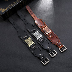 Viking Totem Lucky Tree Cowhide Woven Wide Leather Bracelet