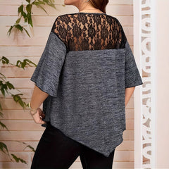 XL-5XL Women's Large Size Solid Color Lace Stitching Cross Chest Short Sleeve