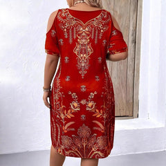 XL-5XL Women's Plus Size Elegant V-Neck Print Open-Shoulder Dress