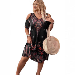 XL-5XL Women's Plus Size Elegant V-Neck Print Open-Shoulder Dress