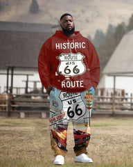 Big Men's Street Fashion Western Route 66 Graphic Print Hoodie Set
