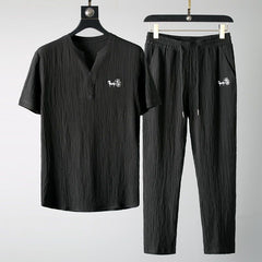 High Quality Ultra Thin Short Sleeve Ice Silk Linen Suit Men's Summer Large Size Loose Middle Sleeve T-Shirt Cotton Linen Two-piece Set