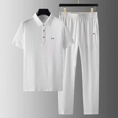 High Quality Ultra Thin Short Sleeve Ice Silk Linen Suit Men's Summer Large Size Loose Middle Sleeve T-Shirt Cotton Linen Two-piece Set