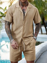 Men's Hollow Breathable Short-sleeved Shirt Drawstring Shorts Two-piece Suit For Men