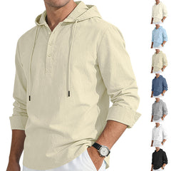 S-3XL Men's Hooded Buckle Long Sleeve Cotton Linen Shirt