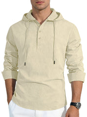 S-3XL Men's Hooded Buckle Long Sleeve Cotton Linen Shirt