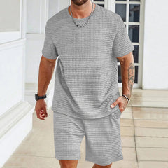 S-3XL Sports Suit Solid Color Plaid Texture Crewneck T-shirt Shorts 2-piece Set