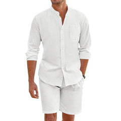 S-3XL Summer Two-Piece Linen Button Long Sleeve Shirt Shorts Set