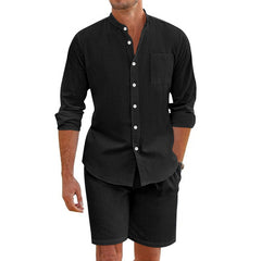 S-3XL Summer Two-Piece Linen Button Long Sleeve Shirt Shorts Set