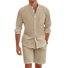 S-3XL Summer Two-Piece Linen Button Long Sleeve Shirt Shorts Set