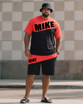 Big & Tall Men's Classic Black & Black Irregular Patchwork Letter Printed T-Shirt Shorts Set