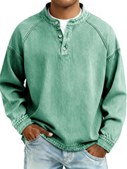 S-4XL Solid Color Old Washable Cotton Henley Collar Long Sleeve