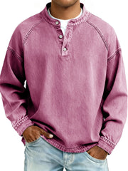 S-4XL Solid Color Old Washable Cotton Henley Collar Long Sleeve