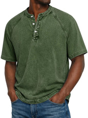 S-4XL Solid Color Washed Cotton Henry Neck Short Sleeve
