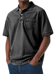 S-4XL Solid Color Wash Pocket Casual Short Sleeve Button Laps Polo Shirt