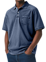 S-4XL Solid Color Wash Pocket Casual Short Sleeve Button Laps Polo Shirt