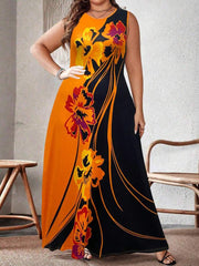 XL-5XL Plus Size Women's Bohemian Floral Sleeveless Long Dress