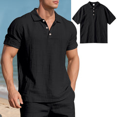 S-3XL Solid Color Linen Casual Lasel Buckle Polo Shirt Short Sleeve