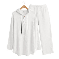 S-3XL Linen Hooded Henley Collar Long Sleeve Trousers Set