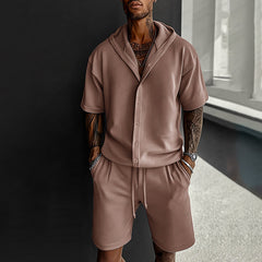 S-3XL Casual Men's Two-Piece Hooded Shirt Shorts Set